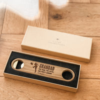 Premium Personalised Bottle Opener - Solid Brass + Acacia Wood - Magnetic - Multiple Designs