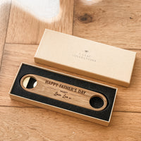Premium Personalised Bottle Opener - Solid Brass + Acacia Wood - Magnetic