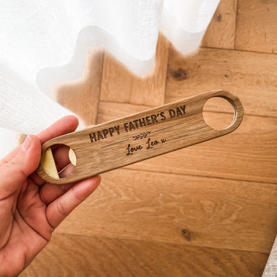 Premium Personalised Bottle Opener - Solid Brass + Acacia Wood - Magnetic
