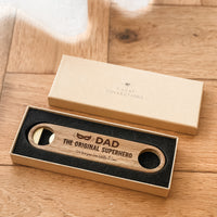 Premium Personalised Bottle Opener - Solid Brass + Acacia Wood - Magnetic - Multiple Designs