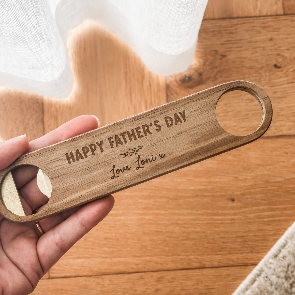 Premium Personalised Bottle Opener - Solid Brass + Acacia Wood - Magnetic