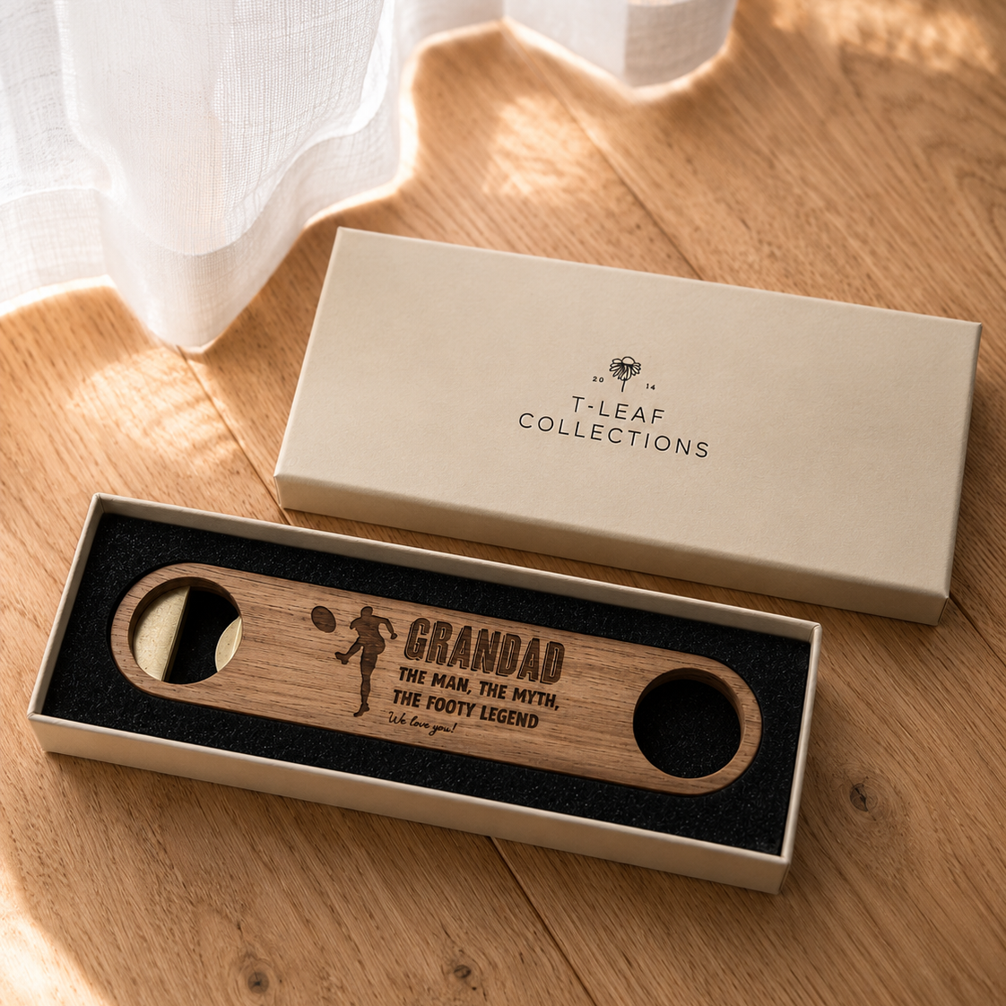 Premium Personalised Bottle Opener - Solid Brass + Acacia Wood - Magnetic - Multiple Designs