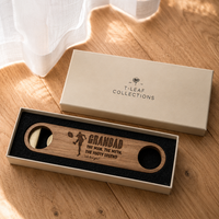 Premium Personalised Bottle Opener - Solid Brass + Acacia Wood - Magnetic - Multiple Designs