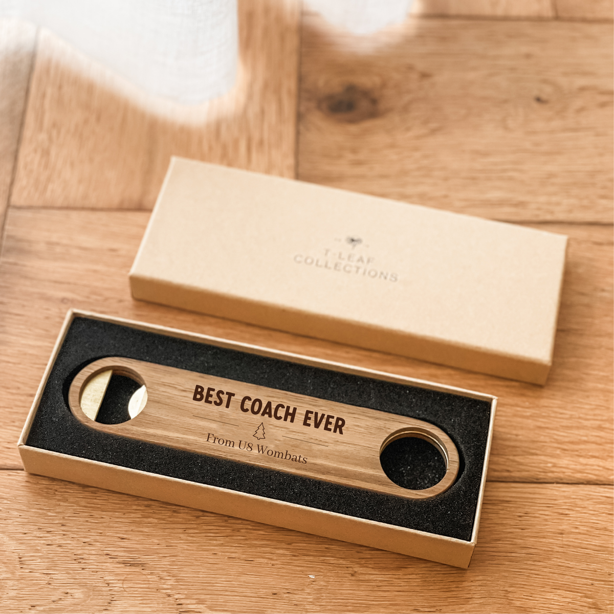 Premium Personalised Bottle Opener - Solid Brass + Acacia Wood - Magnetic - Christmas Tree