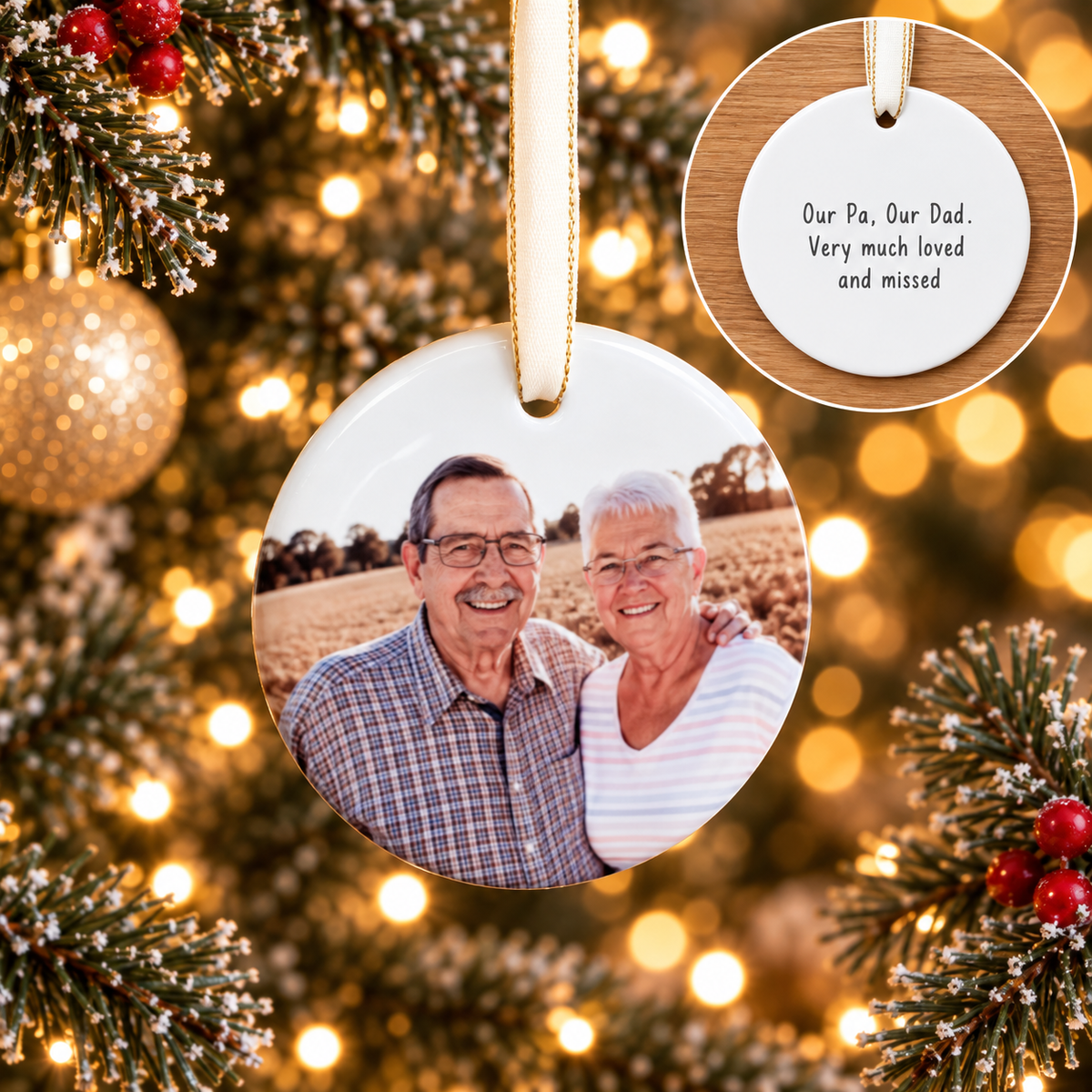 Classic Christmas Ceramic Decoration - Circle - Photo - Double Sided - In Memory