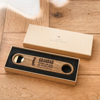 Premium Personalised Bottle Opener - Solid Brass + Acacia Wood - Magnetic - Multiple Designs
