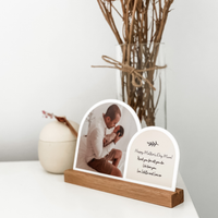 Personalised double arch photo plaque in natural timber with custom photo