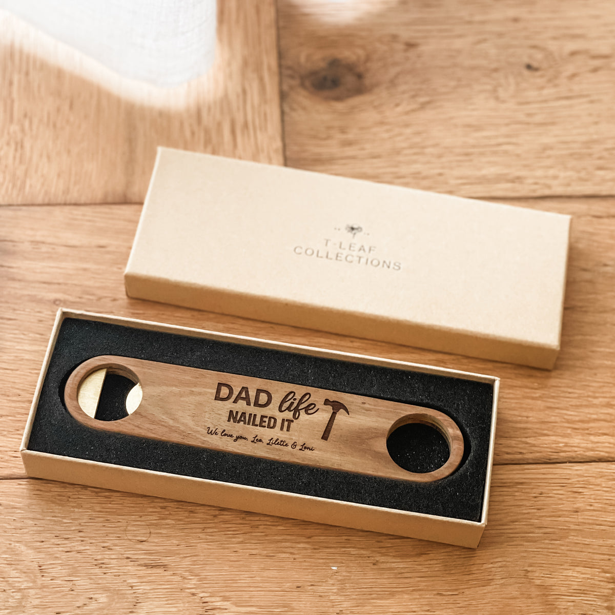 Premium Personalised Bottle Opener - Solid Brass + Acacia Wood - Magnetic - Multiple Designs