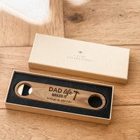Premium Personalised Bottle Opener - Solid Brass + Acacia Wood - Magnetic - Multiple Designs