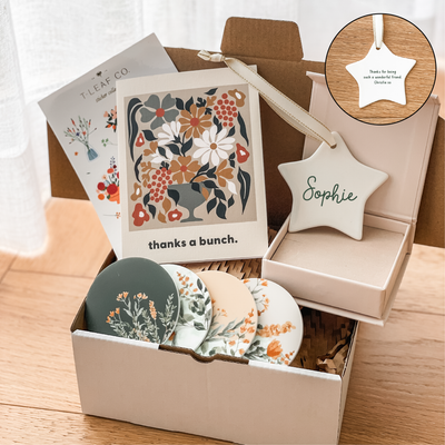 Festive teacher appreciation gift bundle, boxed and ready to give