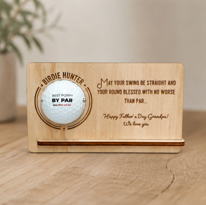 Personalised 'Birdie Hunter' wooden golf ball display holder for Dad – Father's Day gift