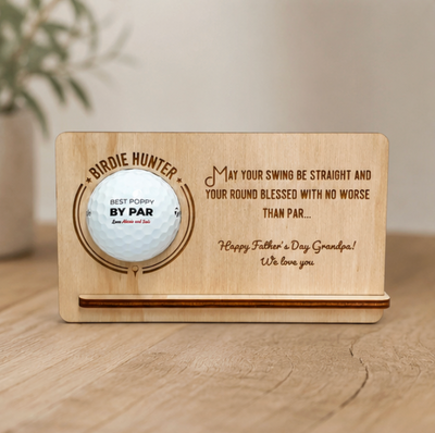 Personalised 'Birdie Hunter' wooden golf ball display holder for Dad – Father's Day gift