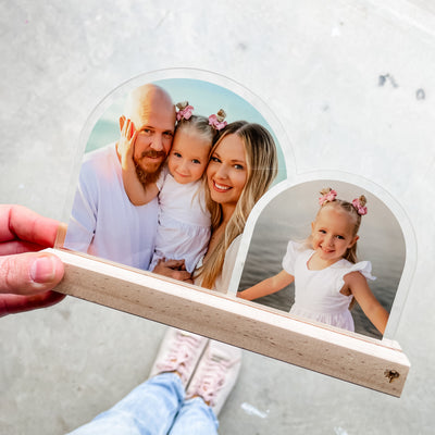 Australian made clear acrylic double arch photo plaque with two custom photos