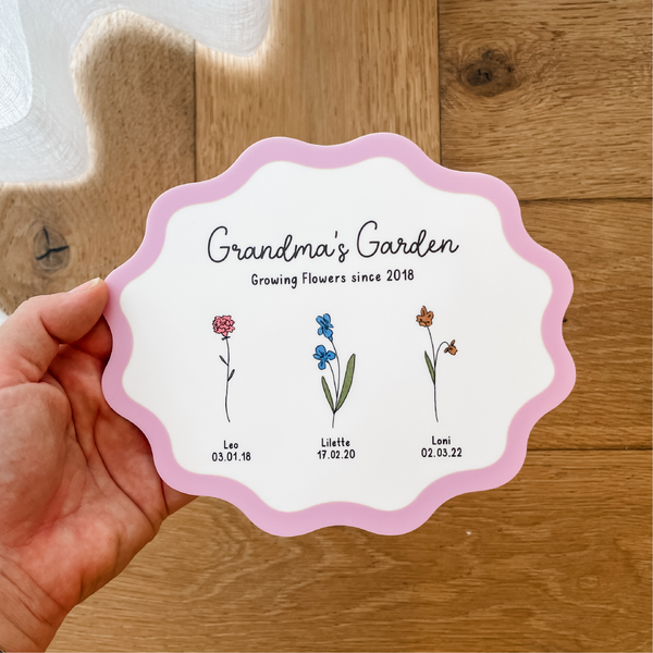 Personalised Flower Garden Wave Plaque with Fridge Magnet + Stand - White Acrylic