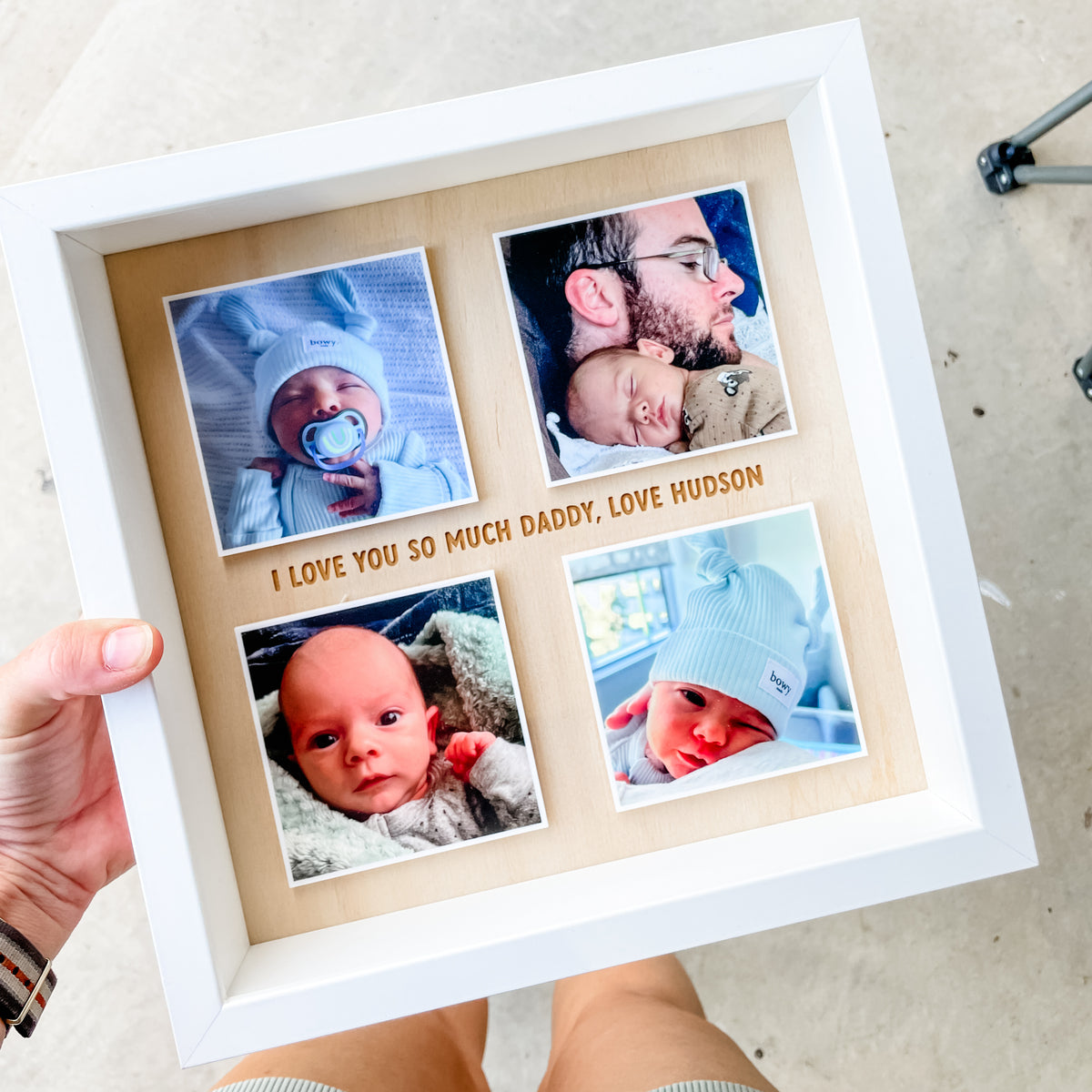 Personalised etched timber photo frame with four printed photos