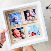 Personalised etched timber photo frame with four printed photos
