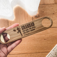Premium Personalised Bottle Opener - Solid Brass + Acacia Wood - Magnetic - Multiple Designs