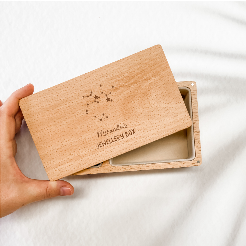 Personalised Wooden Jewellery Box - Zodiac Constellations - Etched