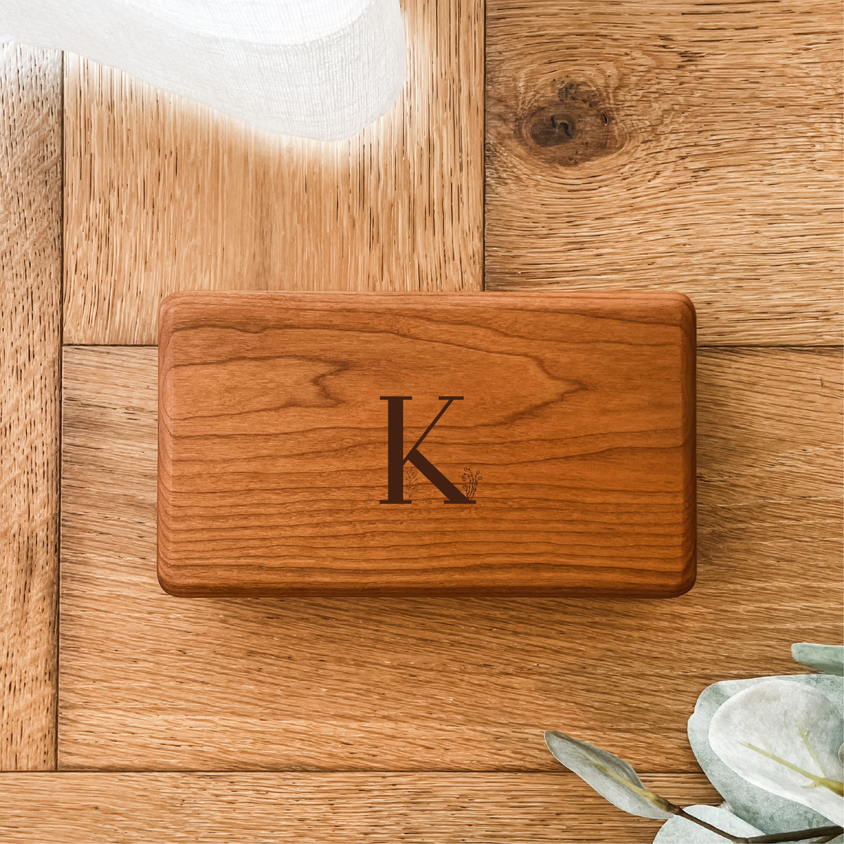 Personalised Wooden Jewellery Box - Floral Letter - Etched