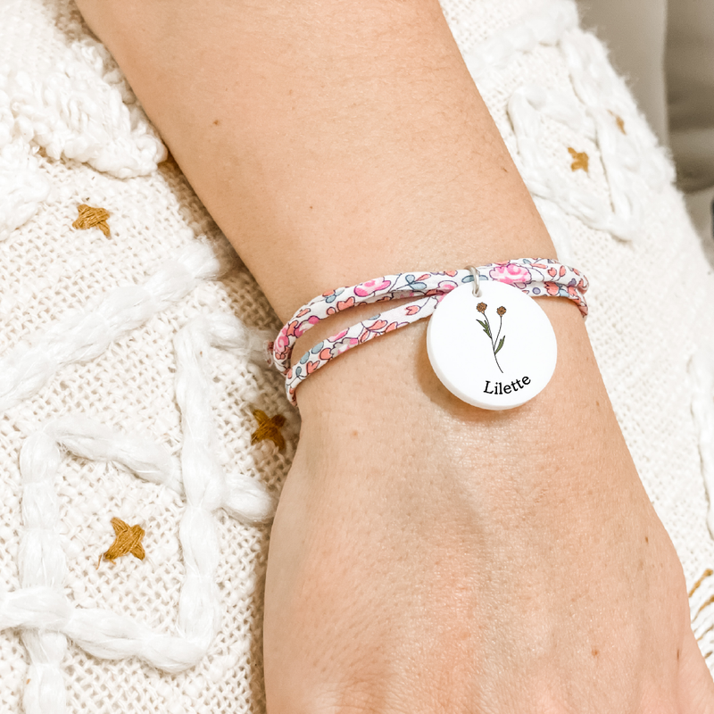 Personalised Bracelet - Liberty London - Birth Blossom + Name - White Acrylic