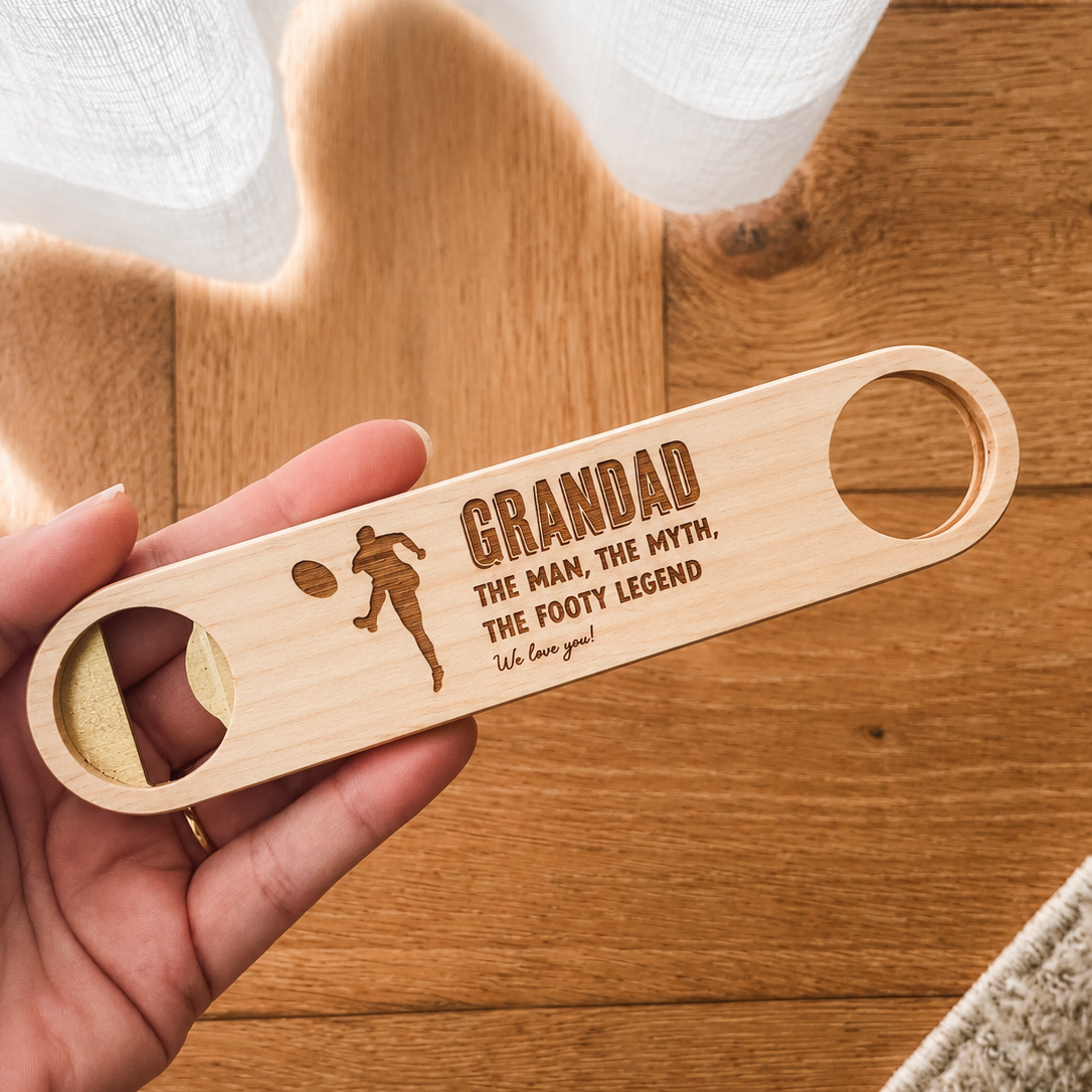 Premium Personalised Bottle Opener - Solid Brass + Maple Wood - Magnetic - Multiple Designs