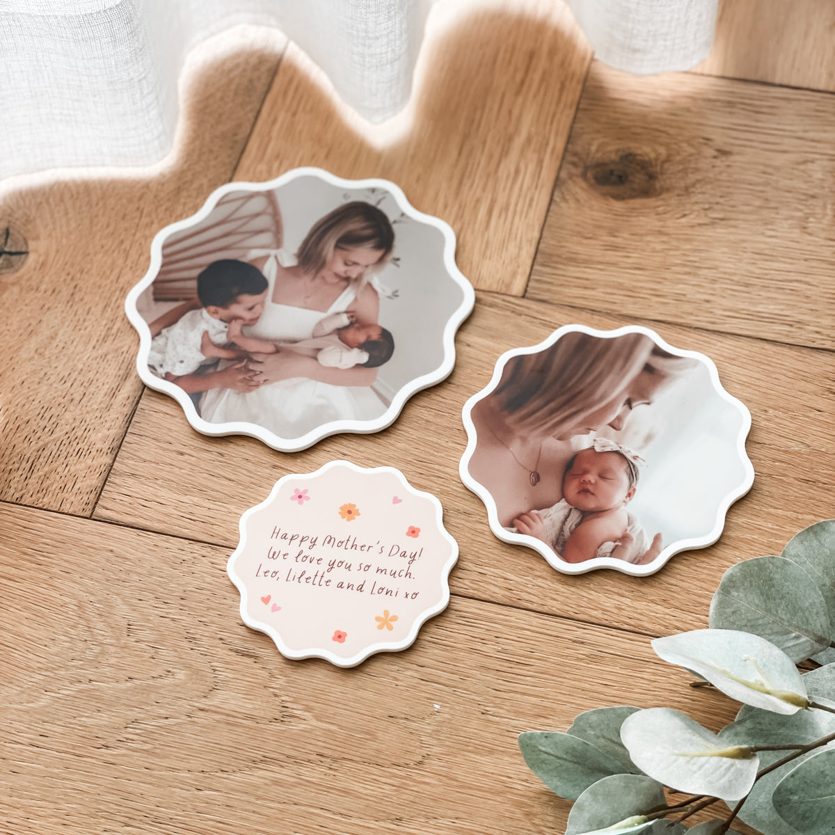 Three decorative fridge magnets with photos of a family for Mother's Day Gifting