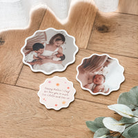 Three decorative fridge magnets with photos of a family for Mother's Day Gifting