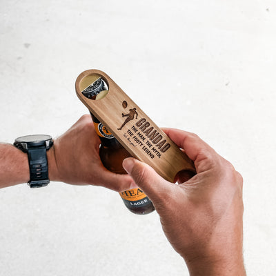 Premium Personalised Bottle Opener - Solid Brass + Acacia Wood - Magnetic - Multiple Designs