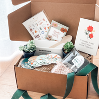 Gift box including cards, a personalised rectangle ceramic planter pot, a succulent and a set of 4 fridge magnets.