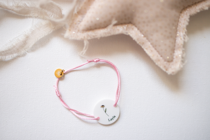 Personalised Bracelet - Birth Blossoms + Name - White Acrylic