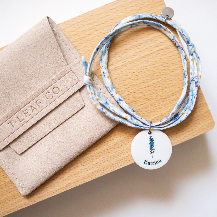 Personalised Bracelet - Liberty London - Birth Blossom + Name - White Acrylic