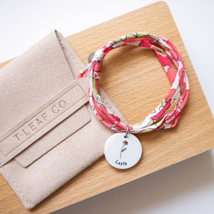 Personalised Bracelet - Liberty London - Birth Blossom + Name - White Acrylic