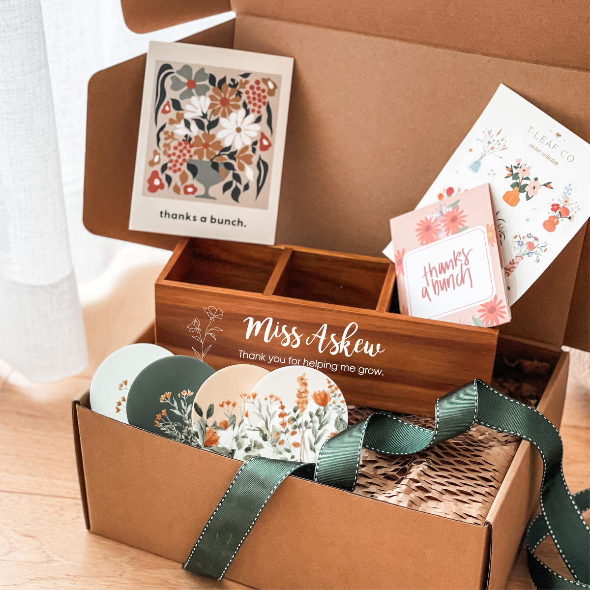 Gift Box with a personaliseda rectangle  Pencil Holder for your favourite teacher - Set of 4 Fridge Magnets - gift card