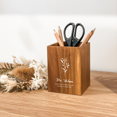Square Personalised Pencil Holder for teacher Gift - Styled with pencils