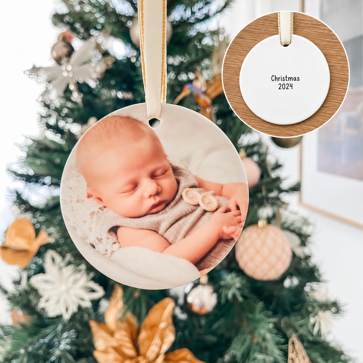 Classic Christmas Ceramic Decoration - Circle - Photo - Double Sided