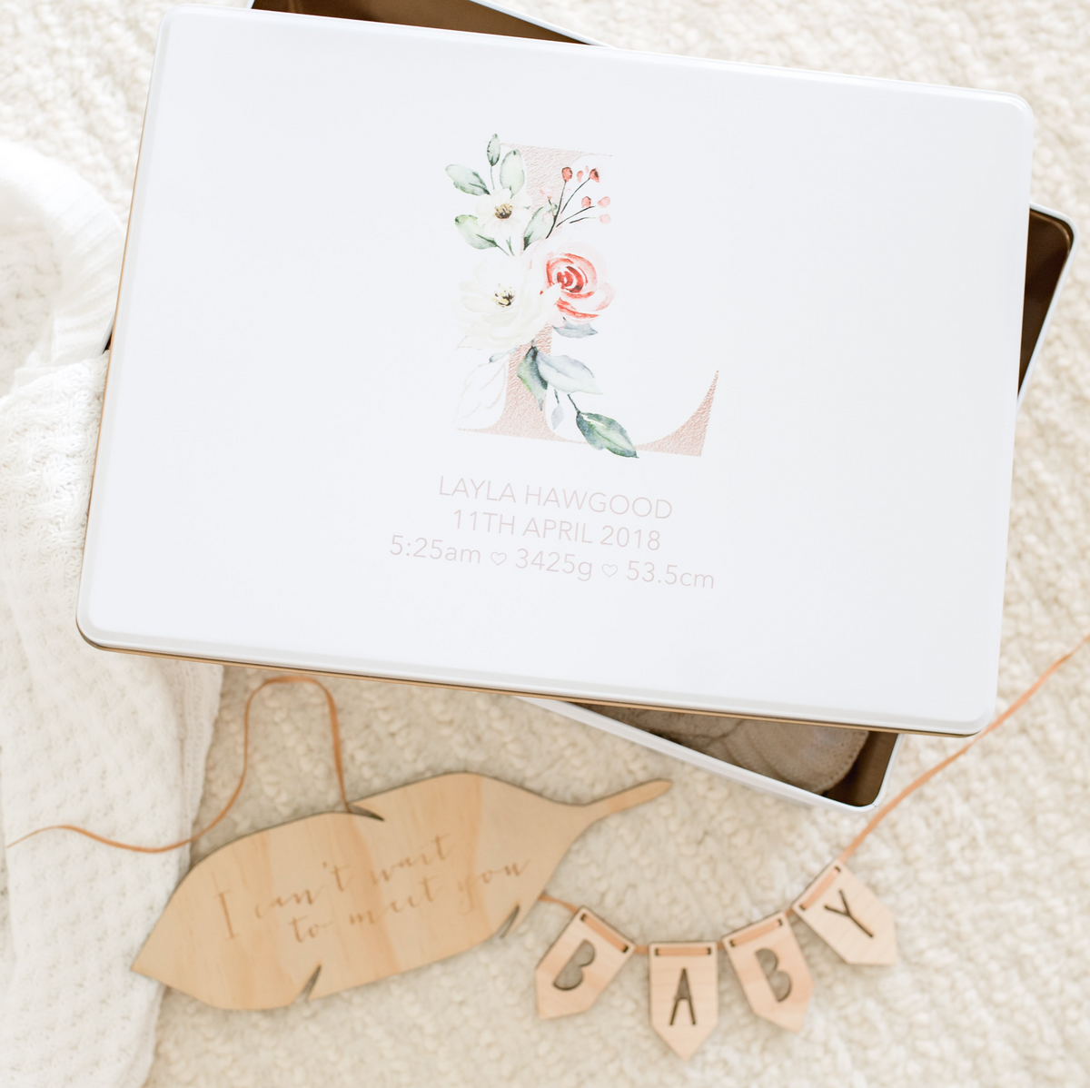 Personalised keepsake box - White tin floral letter
